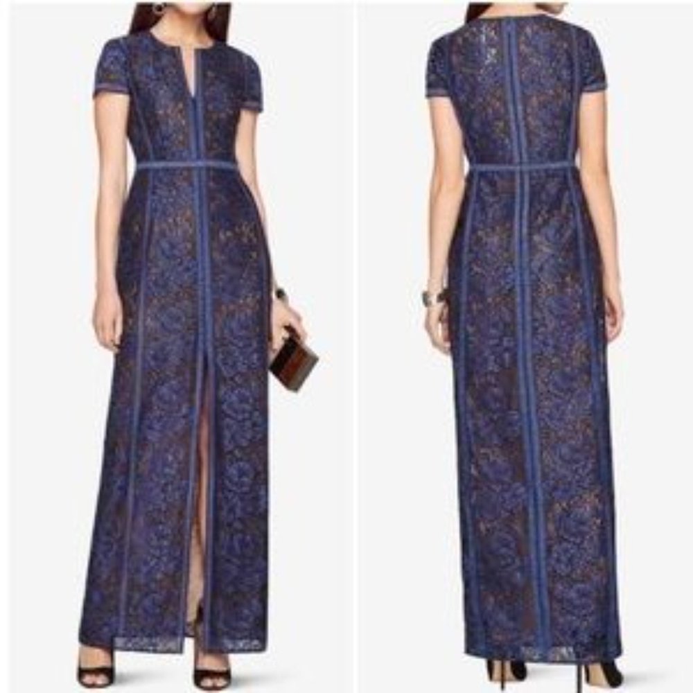 Bcbgmaxazria Cailean Blue & Black Lace Full Length Column Gown Sz 8
